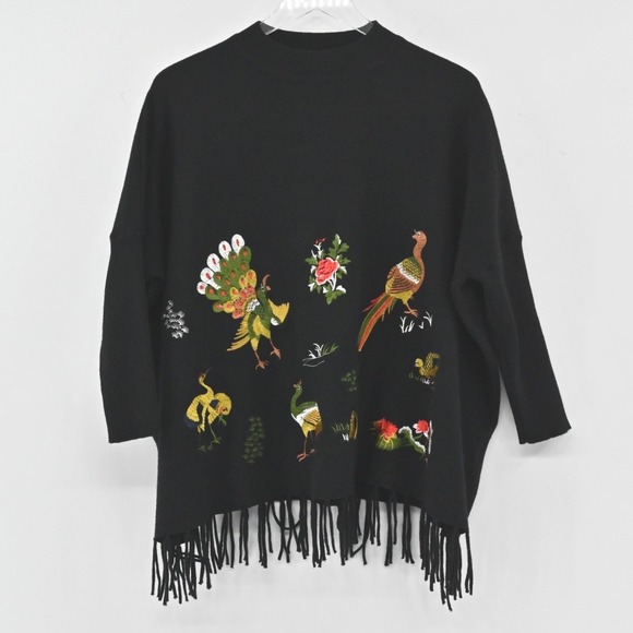 KEYINGYI Sweater Womens One Size Bird Motif Embroidered Cashmere Fringe Turkey - Picture 1 of 11